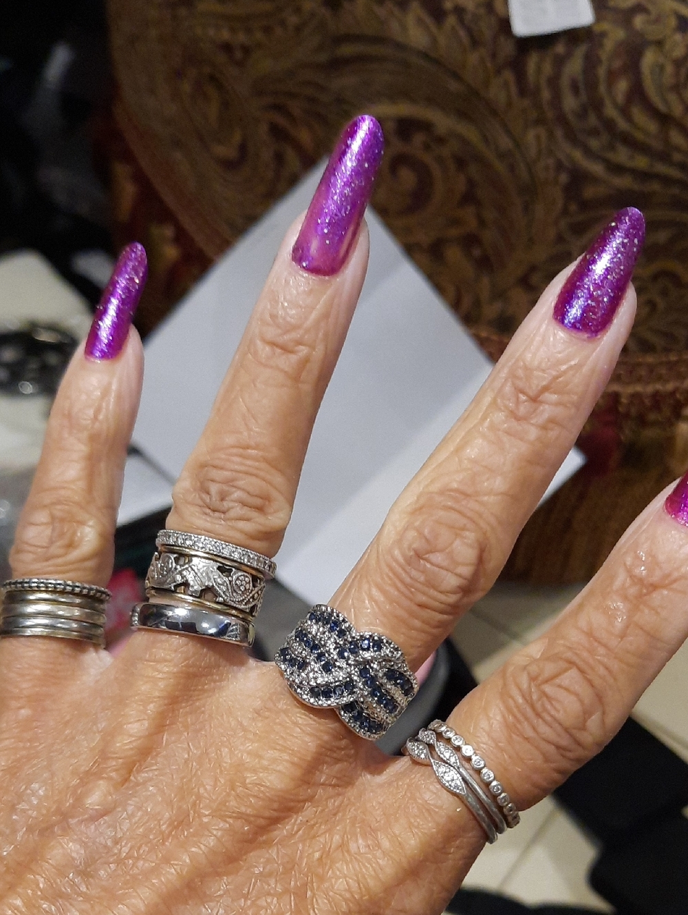 Silver Blue White Pave Statement Ring Simulated Blue Diamond Criss Cross Crystal